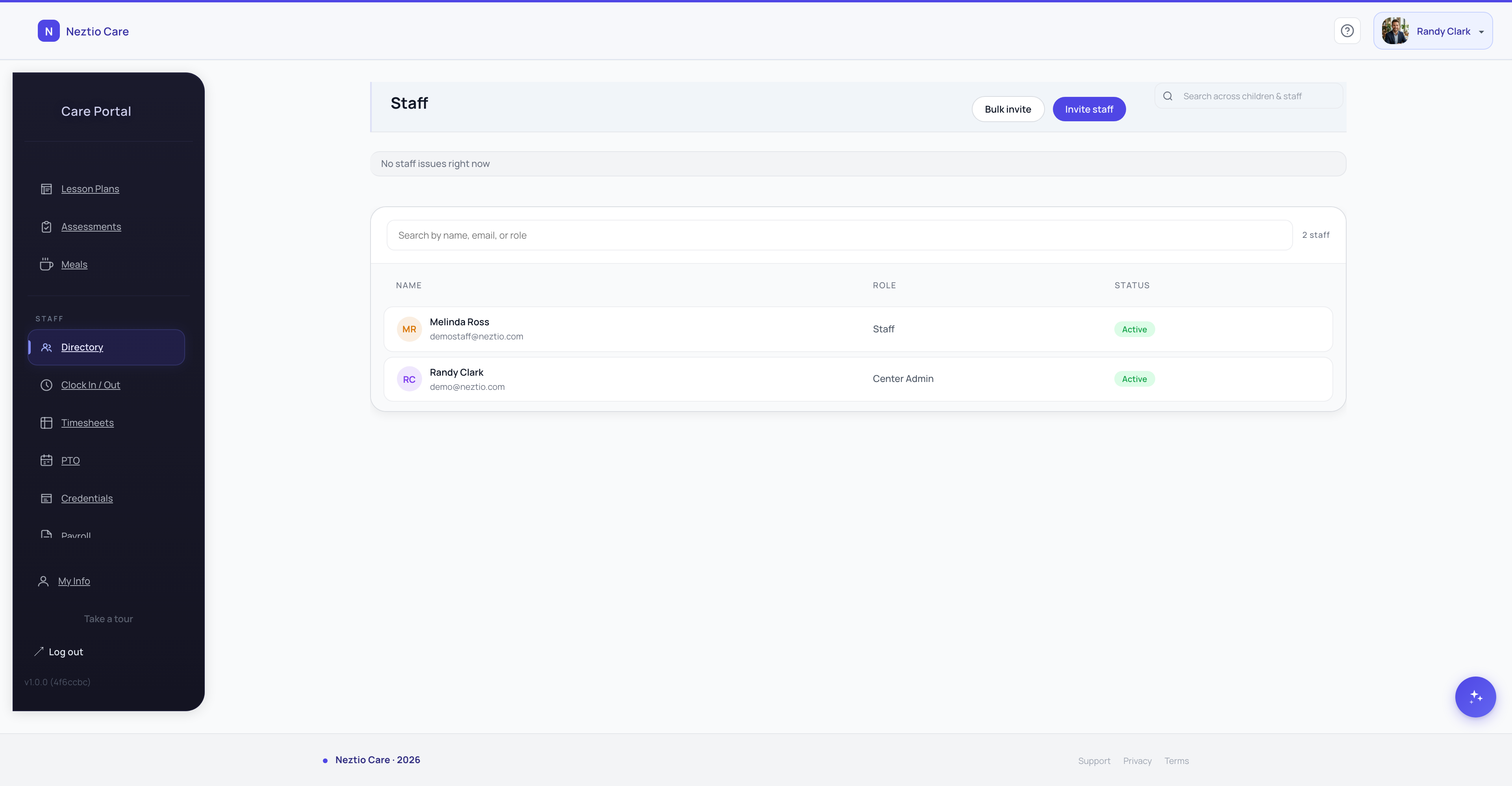 Staff directory with role assignments and qualification tracking
